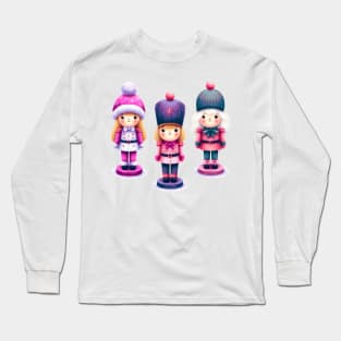 Offset Colorful Trio of Christmas Nutcracker Dolls - Pink, Purple, and White Long Sleeve T-Shirt